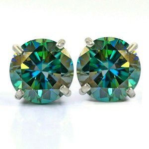 Real Certified Moissanite Blue Green 2 ct Diamond 925 Solid Silver Stud Earrings